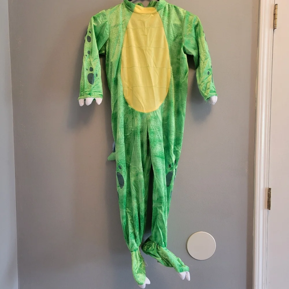 Kids T Rex Dinosaur Costume Deluxe Green Outfit Hood Jumpsuit Small 5-7 Unisex